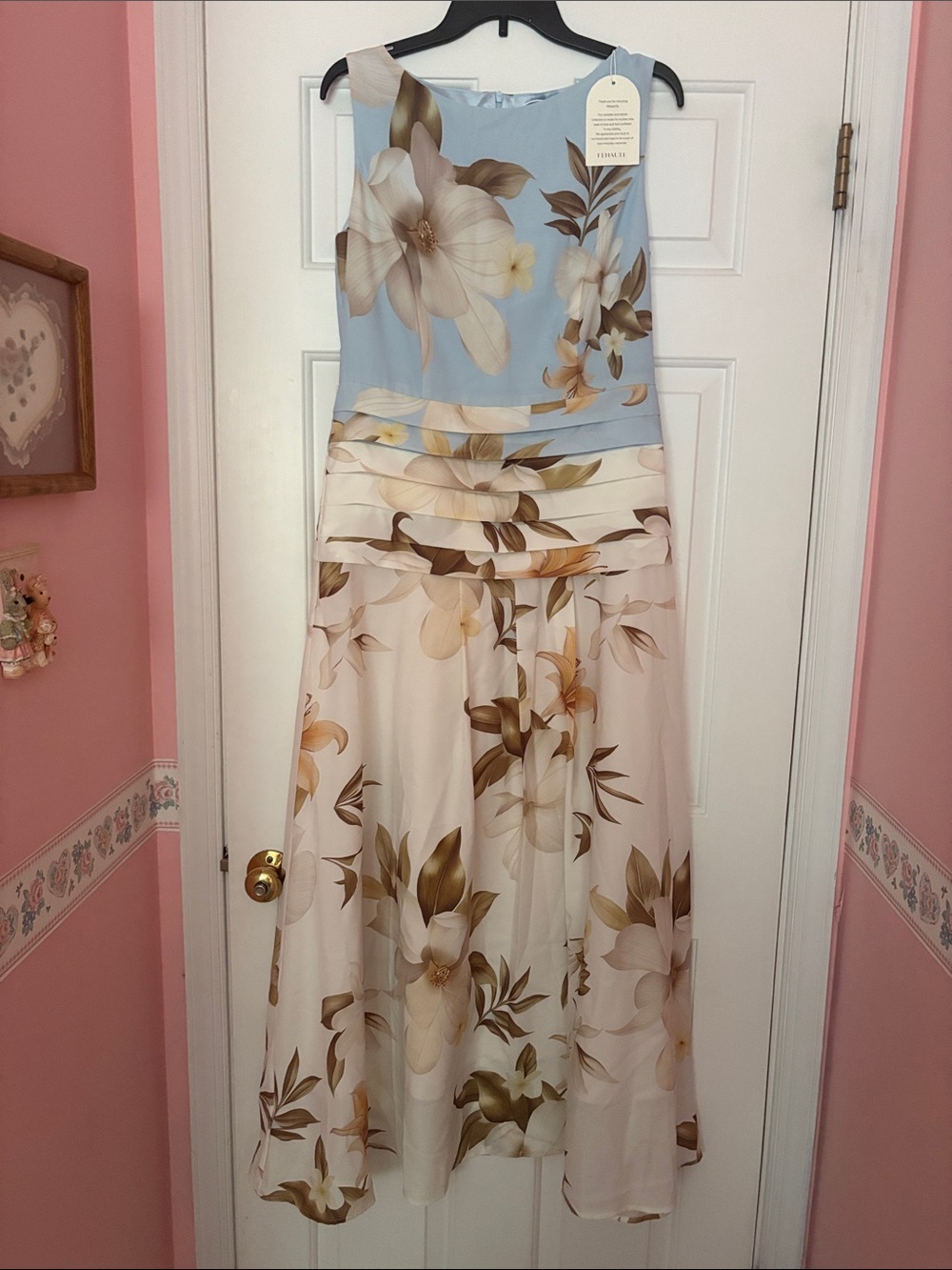 Floral A-Line Maxi Dress in Light Blue and Cream